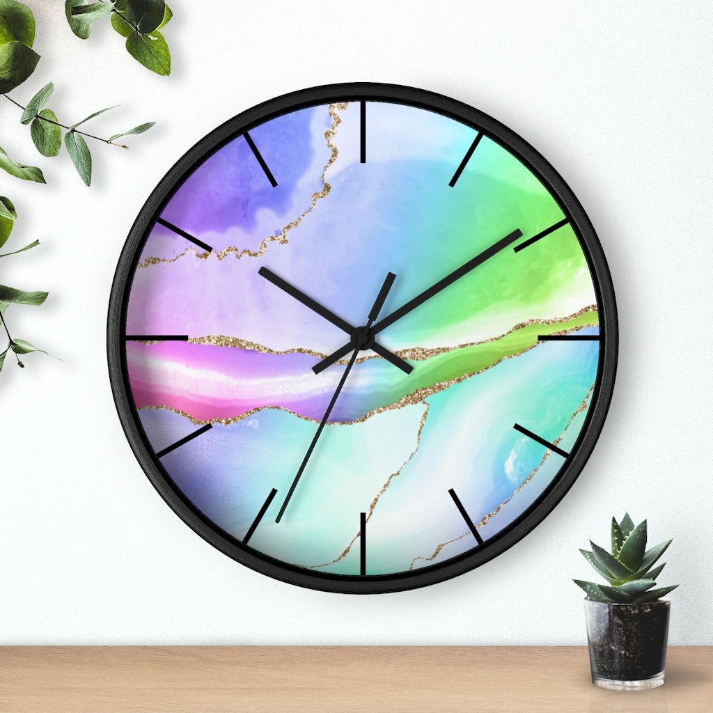 Marble Print, Wood, Wall Clock, Rainbow Colors 10"