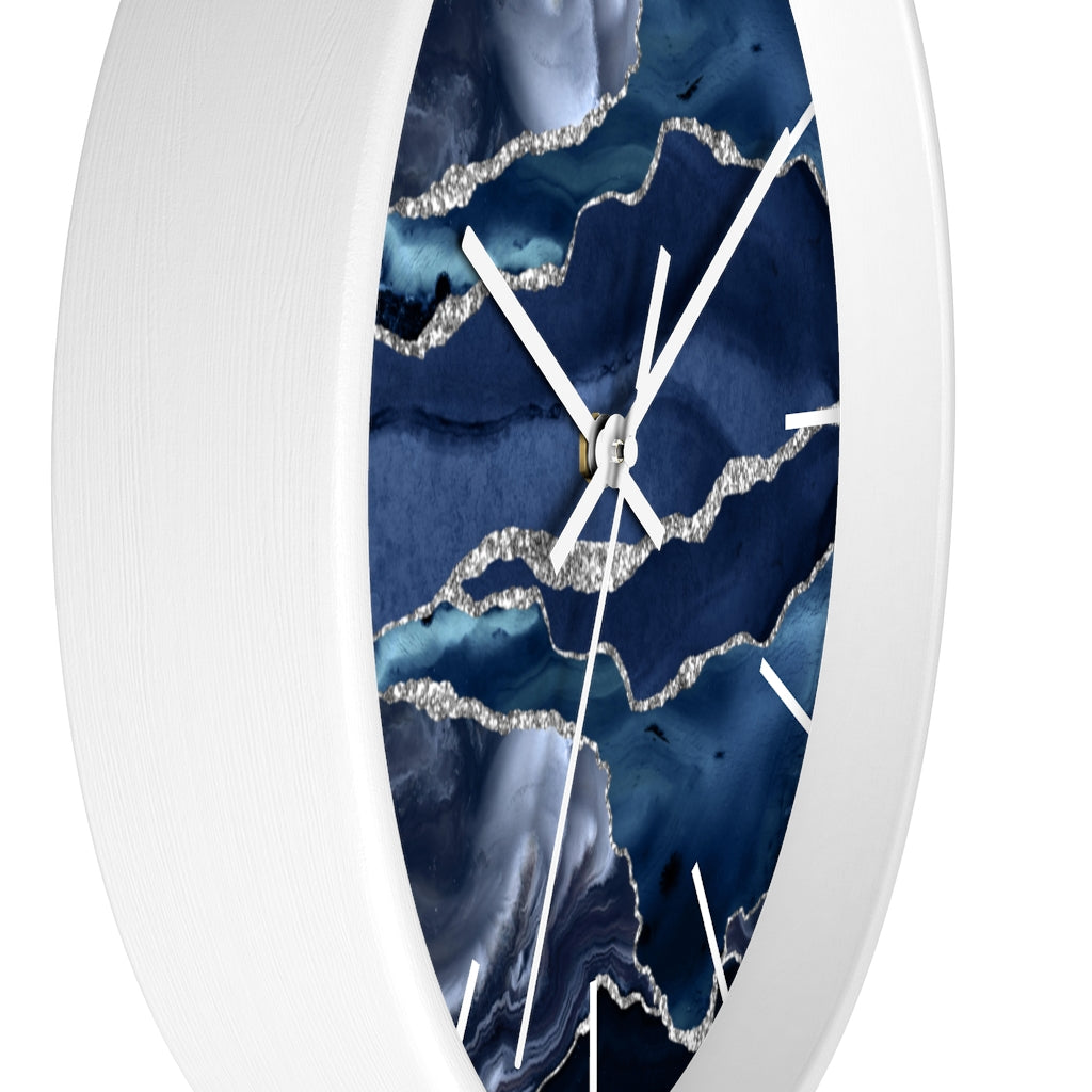 Marble Print, Navy Silver, Wood Wall Clock 10"
