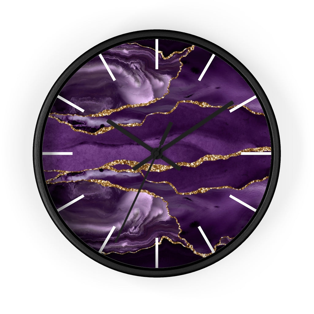 Marble Print, Wood, Wall Clock, Purple Gold 10"