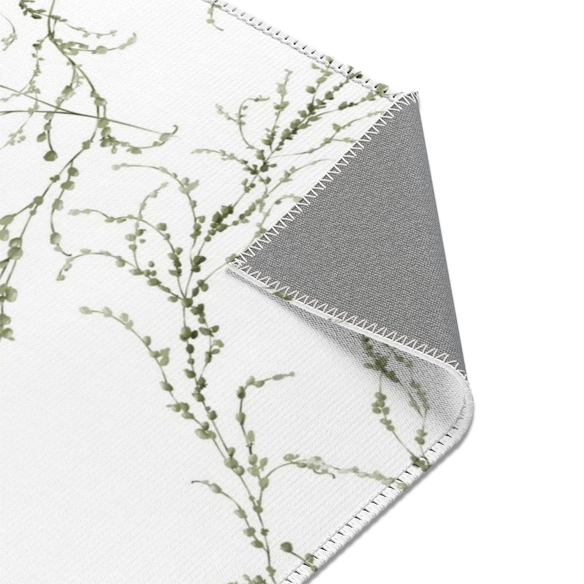 Floral Area Rug | White Delicate Green Leaves