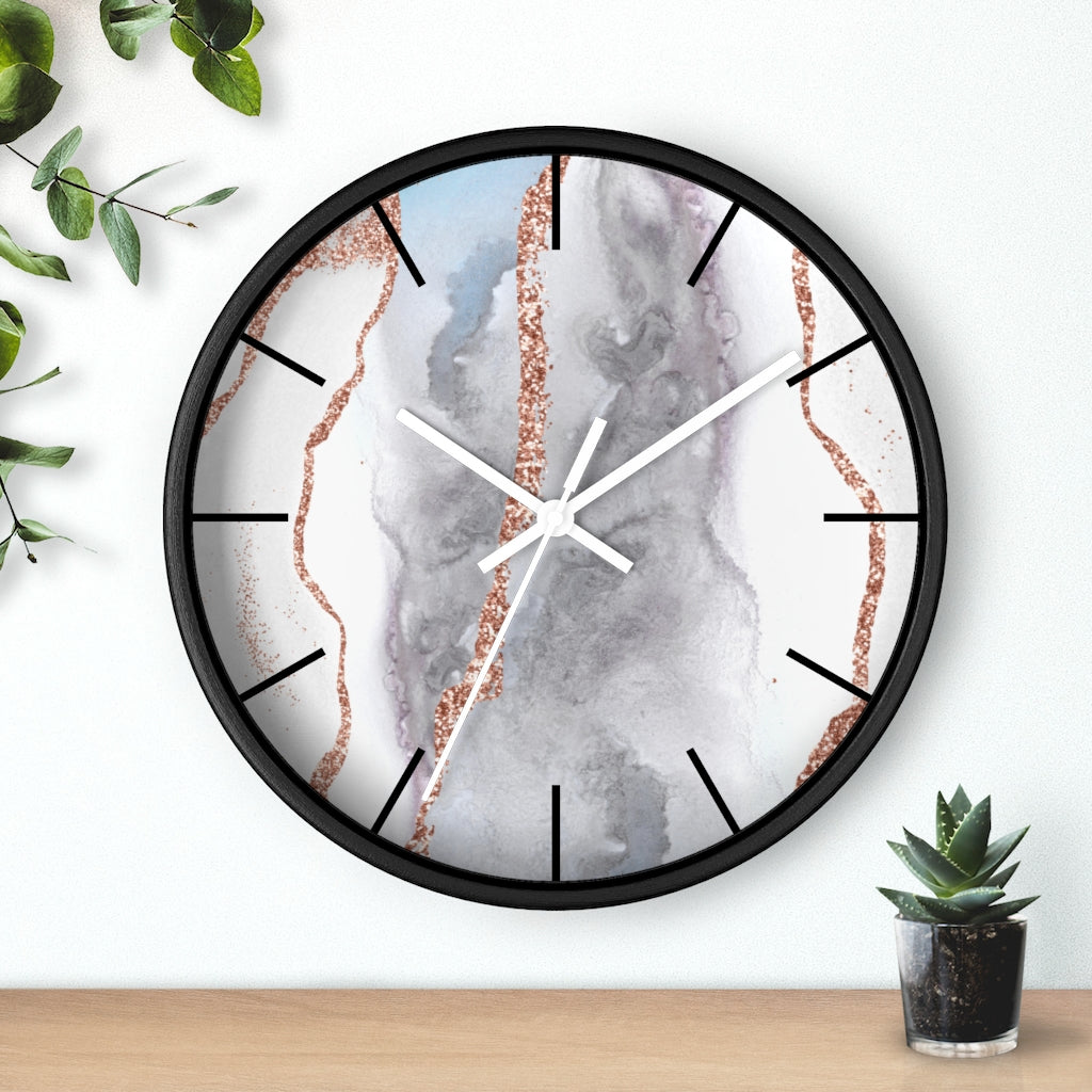 Marble Print, Wood, Wall Clock, Gray Gold 10"