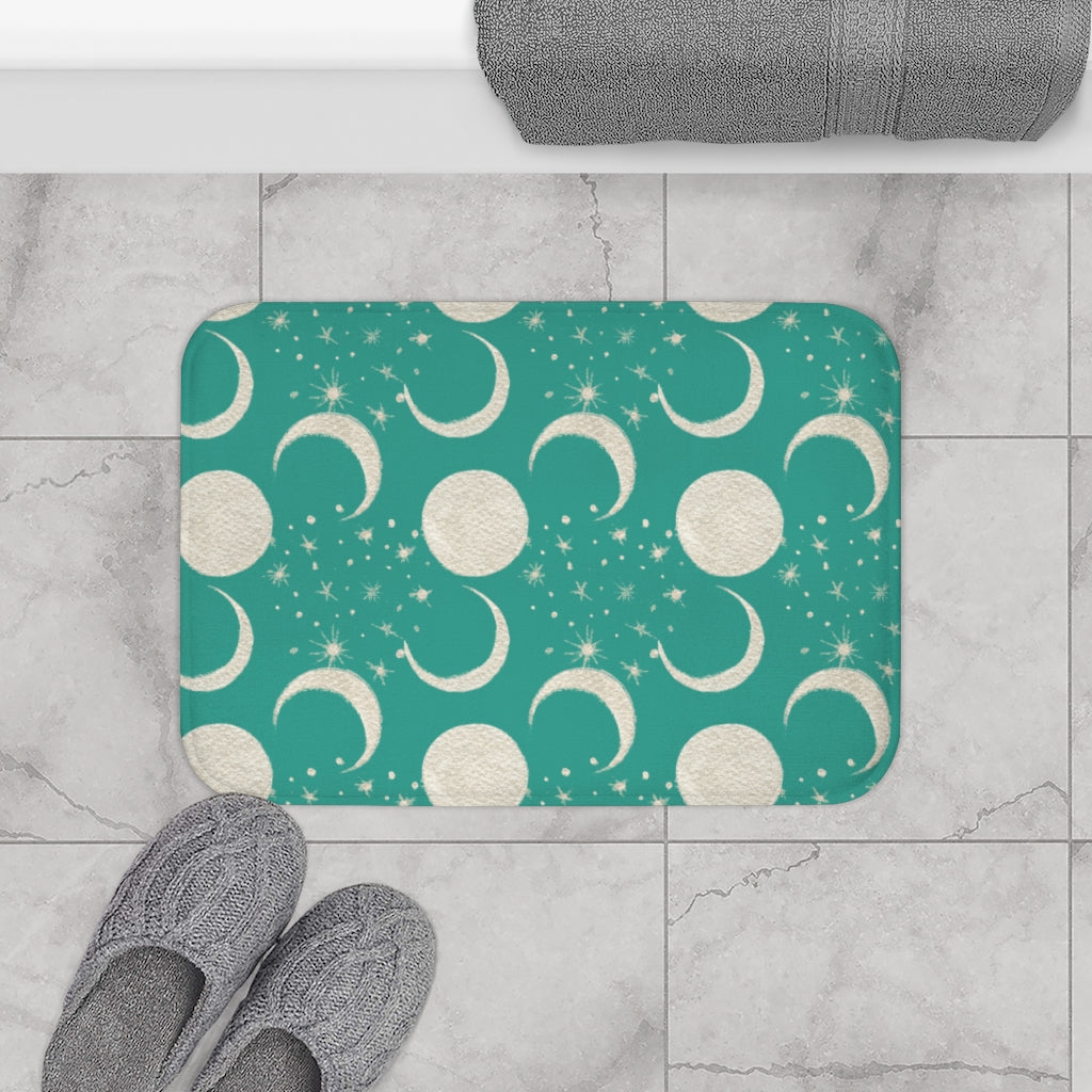 Teal Green Bath Mat | Sun Moon Celestial Stars| Boho Bohemian Bathroom Rug