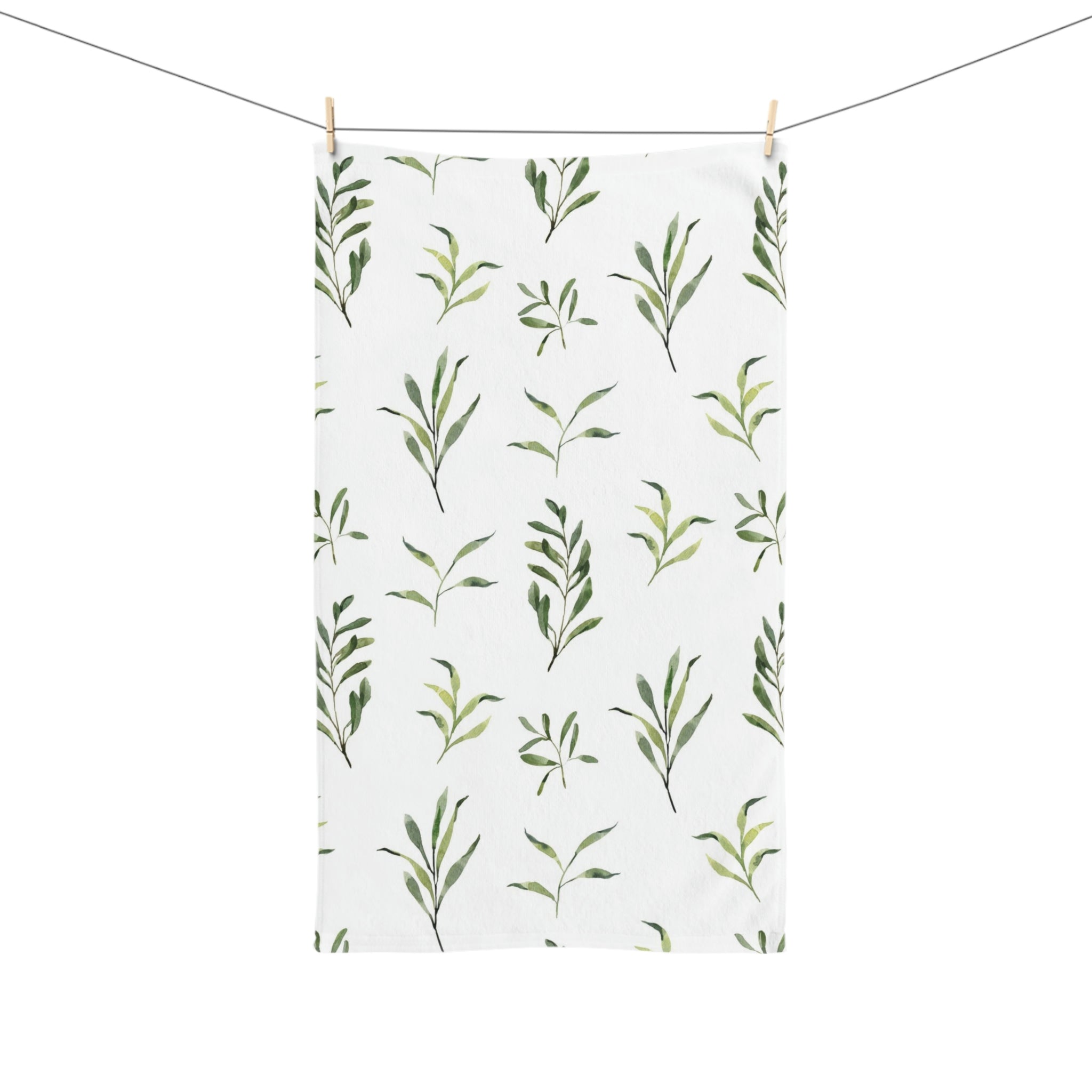 Floral Kitchen, Bath Hand Towel | Sage Green Leaves, White