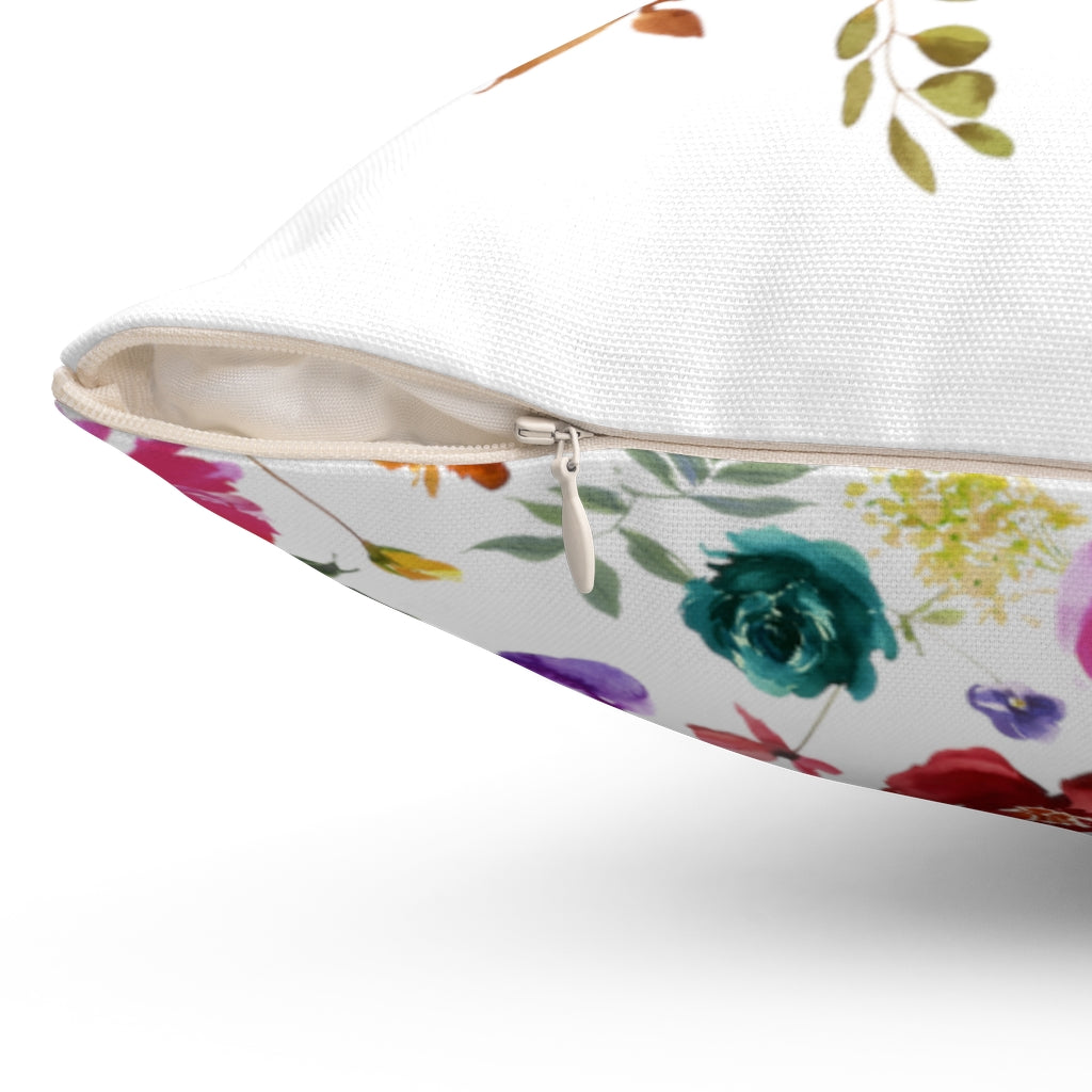 Floral Boho Pillow Cover | White Colorful Roses Peonies Yellow Orange Red Green