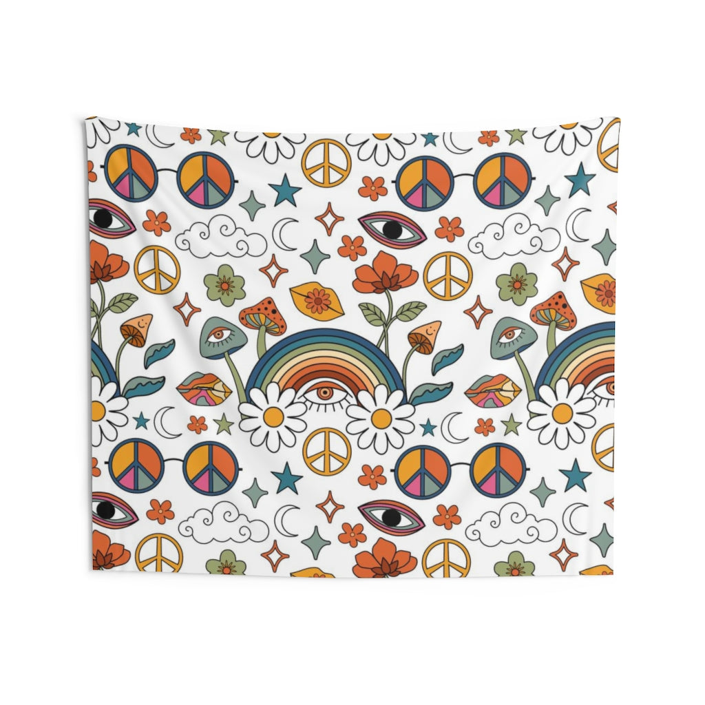 Retro Tapestry | Rainbow White Hippie Icons