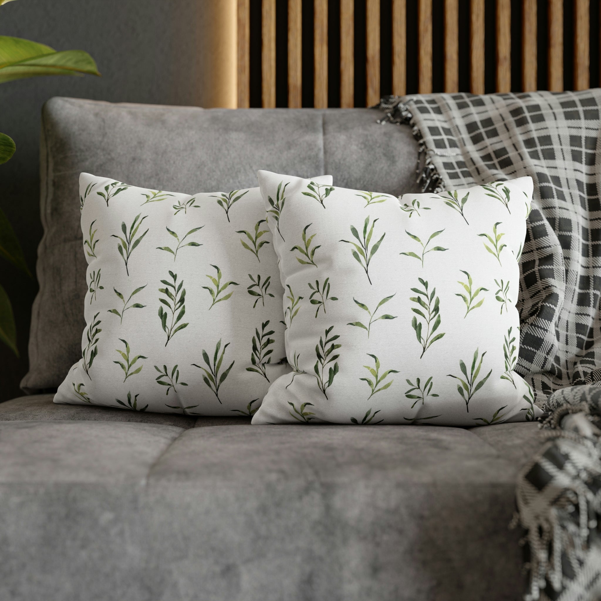 Floral Pillow Cover | Sage Green Leaves, White