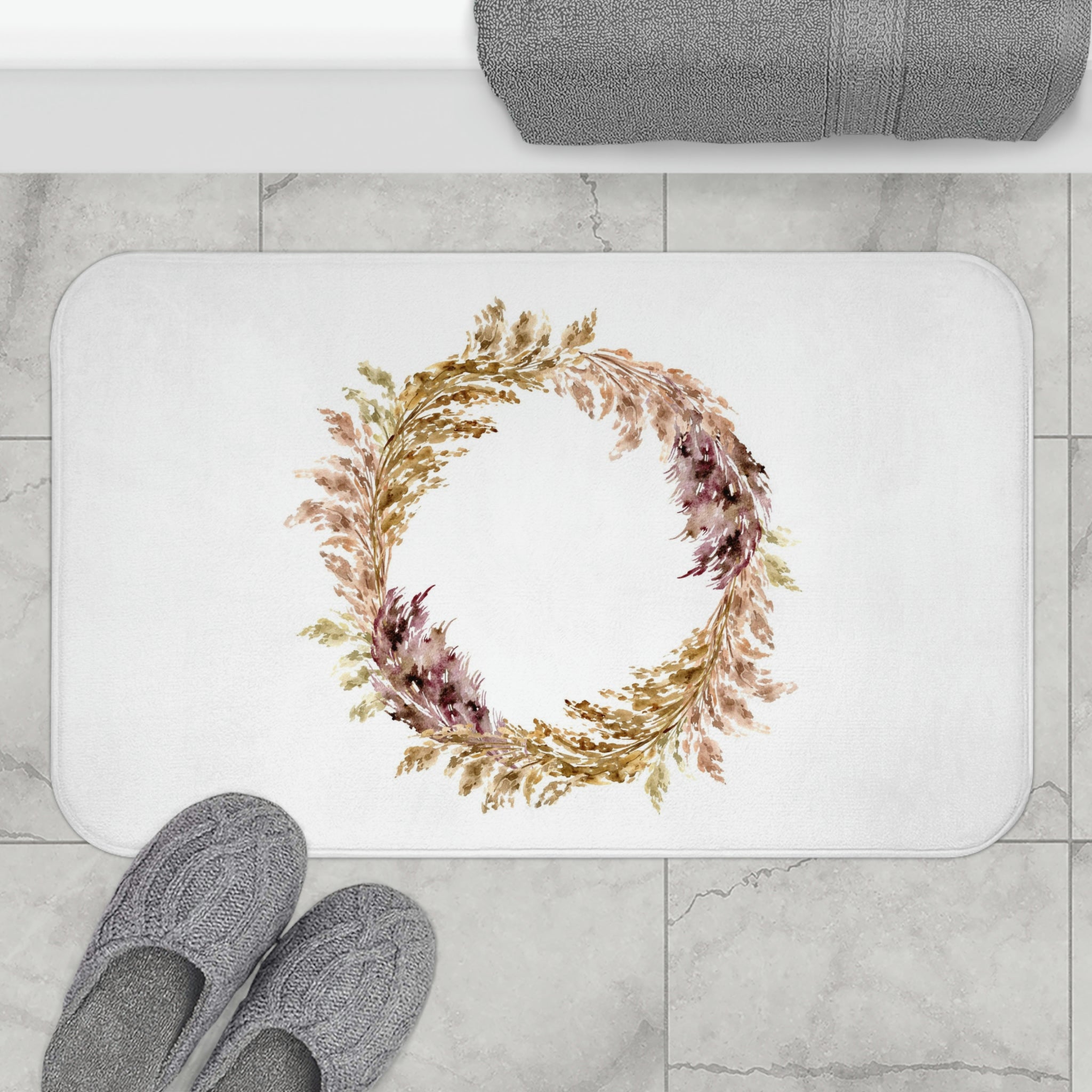 Pampas Floral Wreath Bath, Kitchen Mat | Earthy Beige