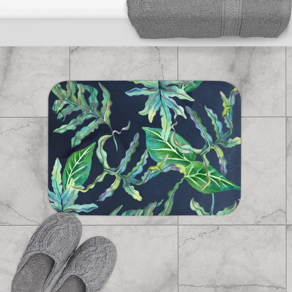 Cute Boho Bath Mat | Floral Navy Green Jungle Leaves