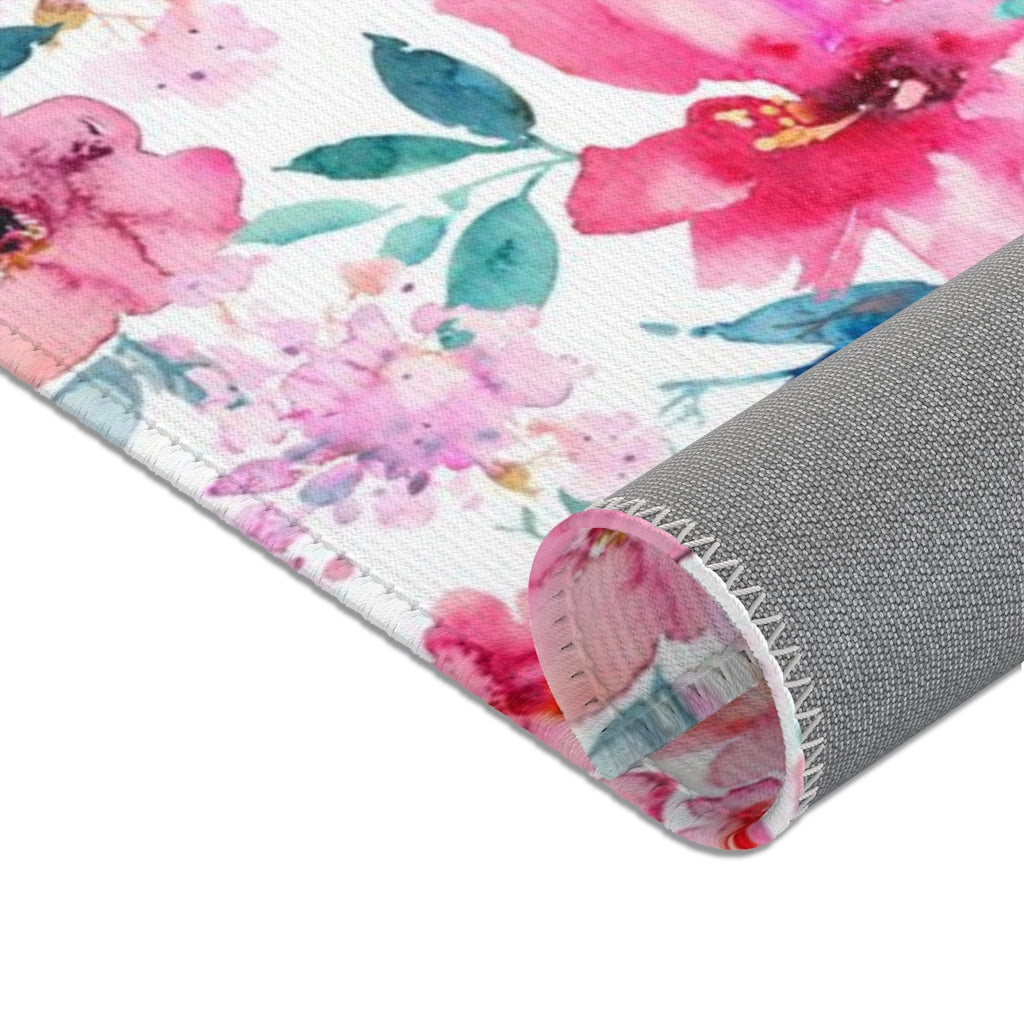 Floral Area Rug | Pink Peonies Teal