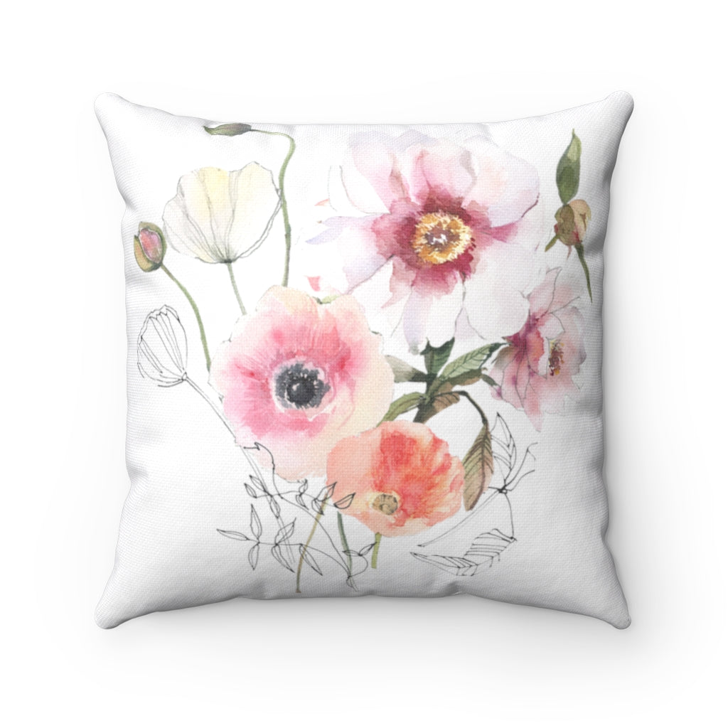 Floral Boho Pillow Cover | Pastel Pink Peach Poppies Green White