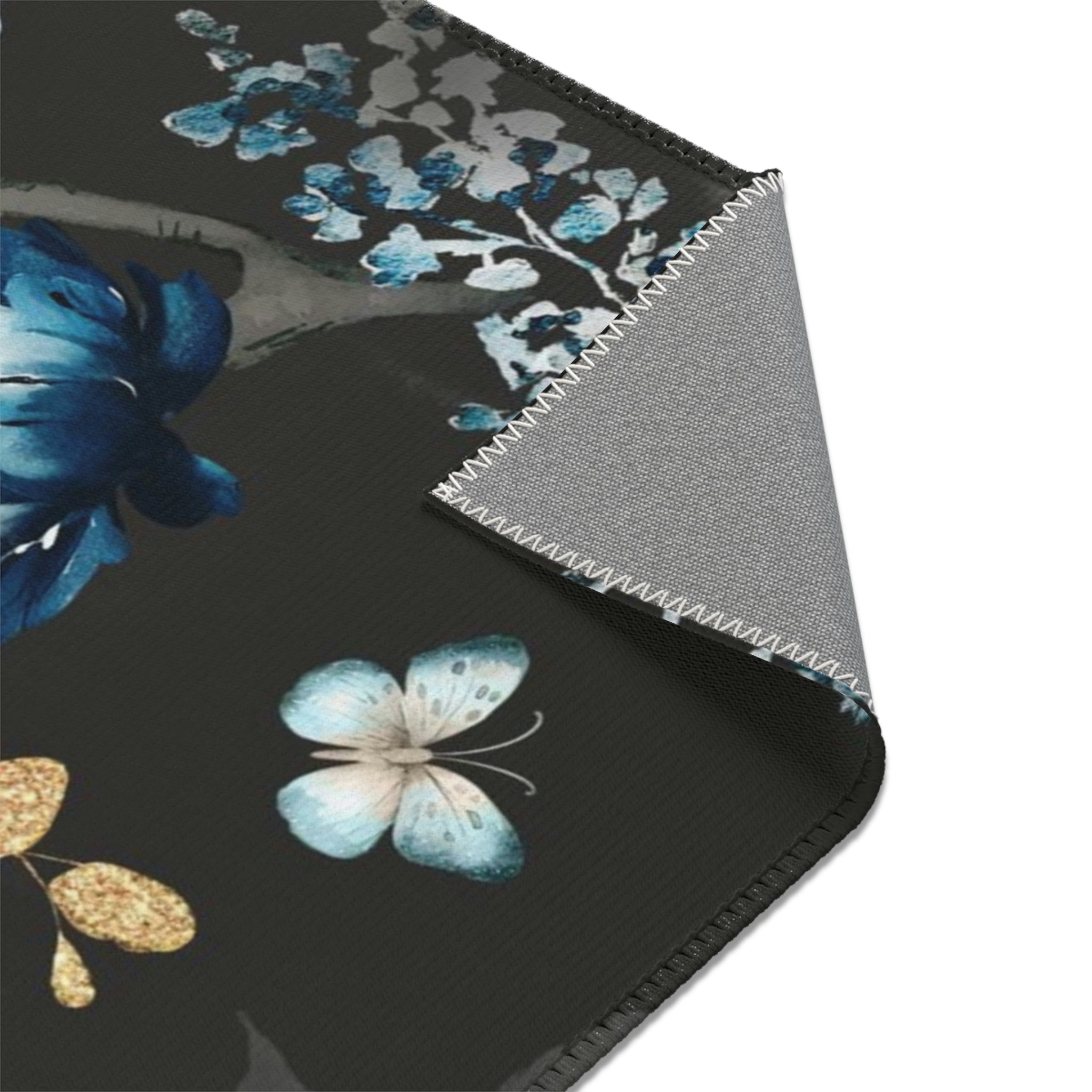 Peonies Floral Area Rug | Black Blue White