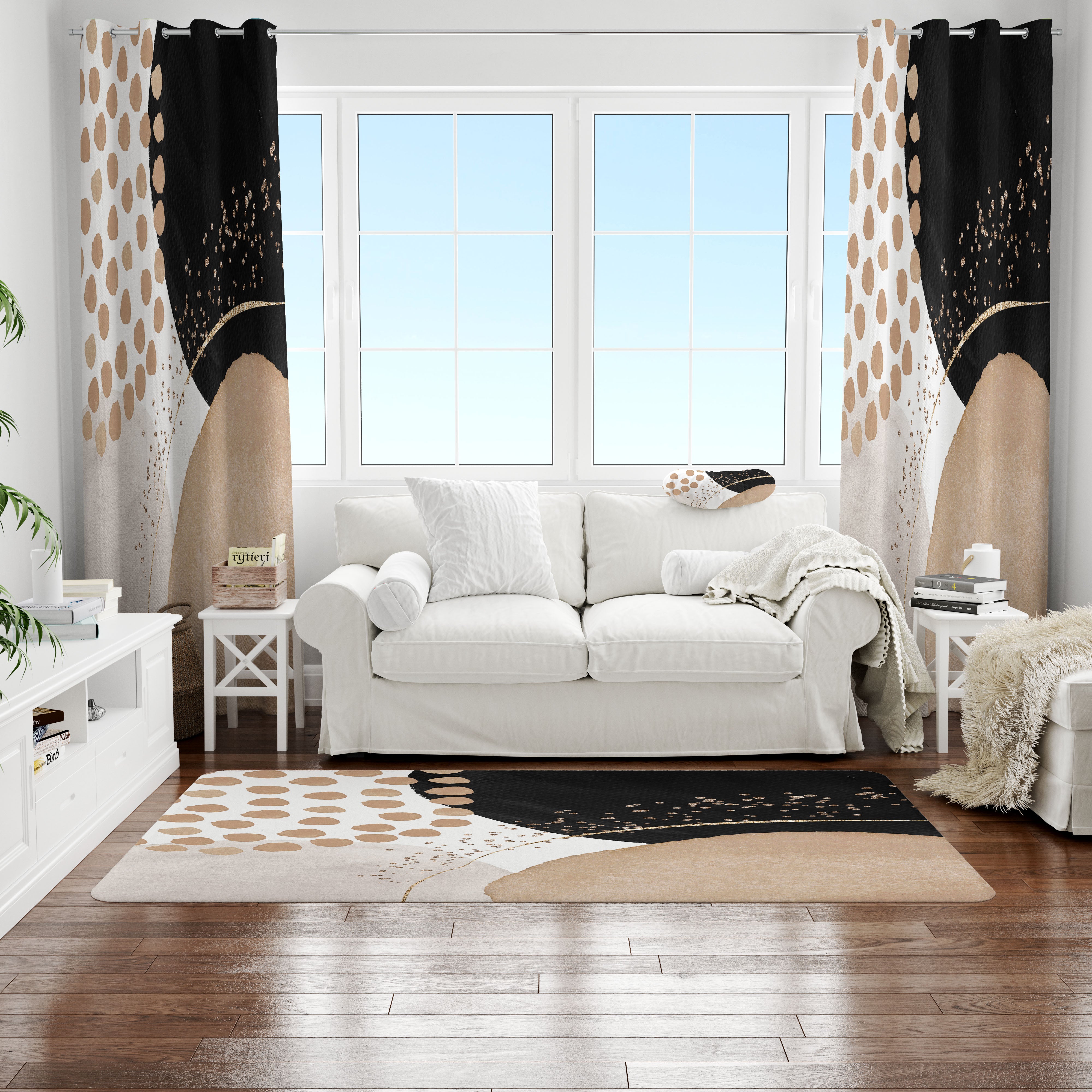 modern abstract, beige, black unique window curtains