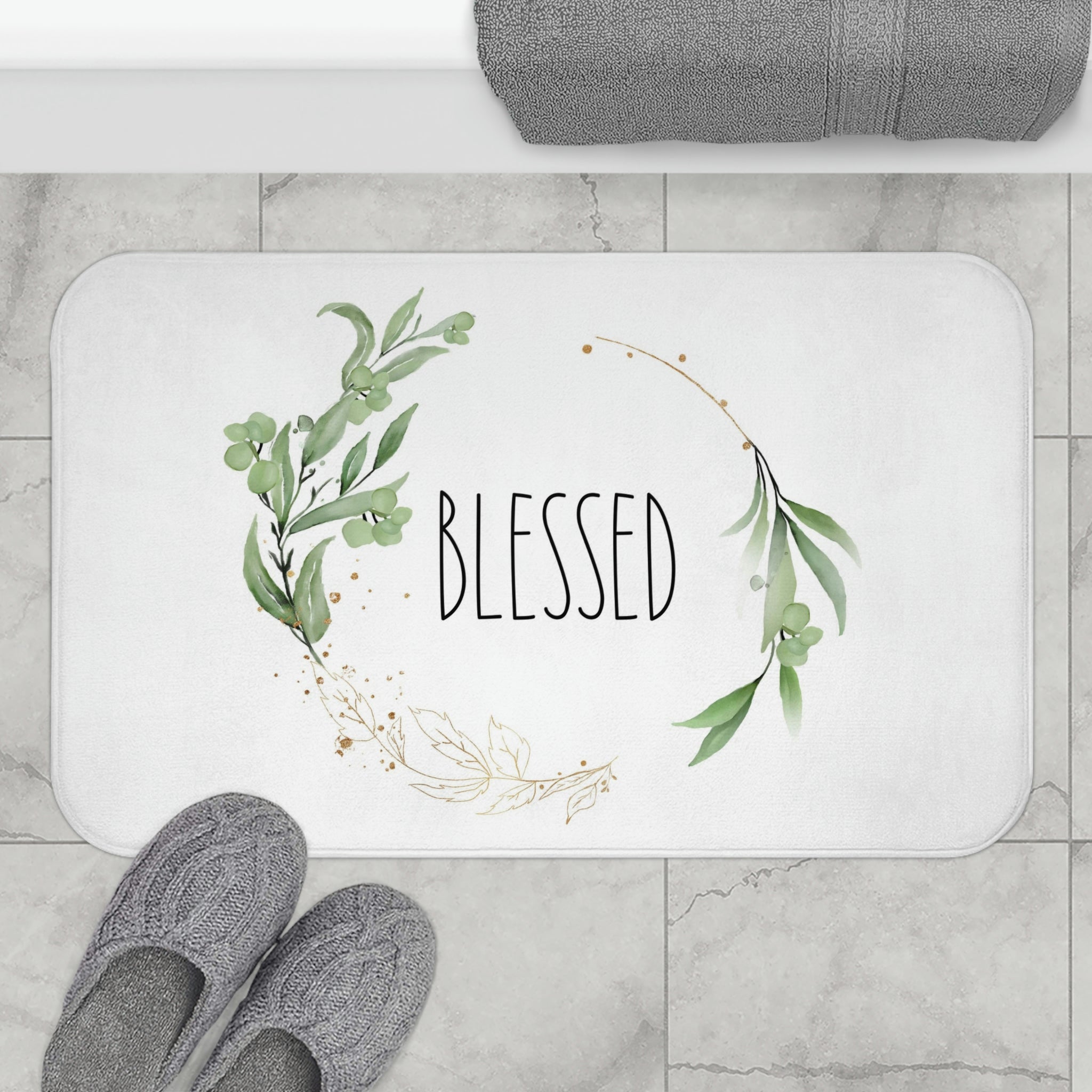 Floral Wreath Bath, Kitchen Mat | Sage Green Blessed