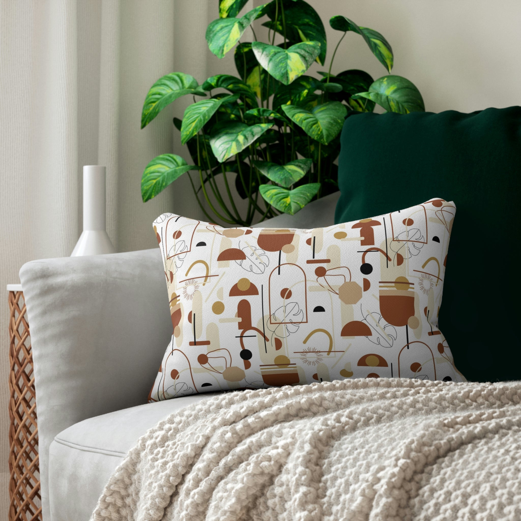 Boho Lumbar Pillow | Neutral Beige Rust Geometric