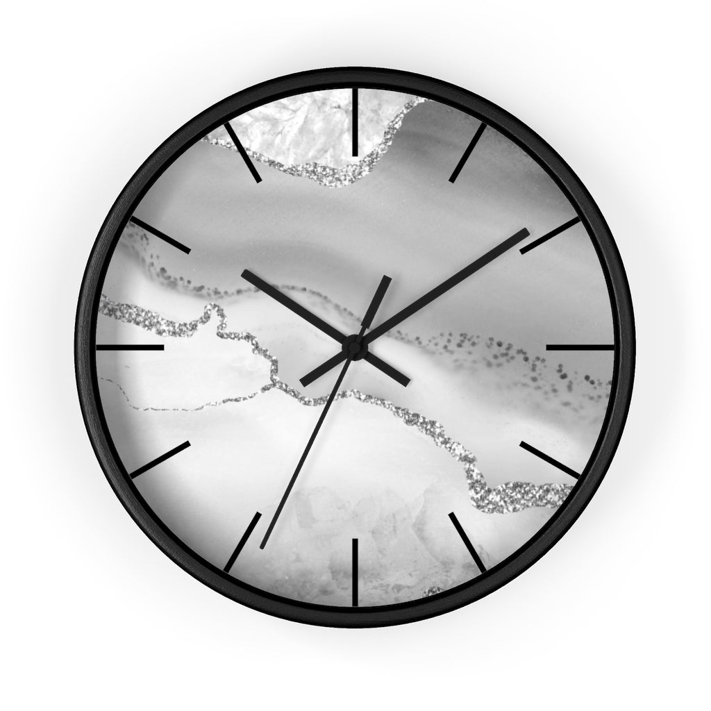 Marble Print, Wood, Wall Clock, Gray Silver 10"