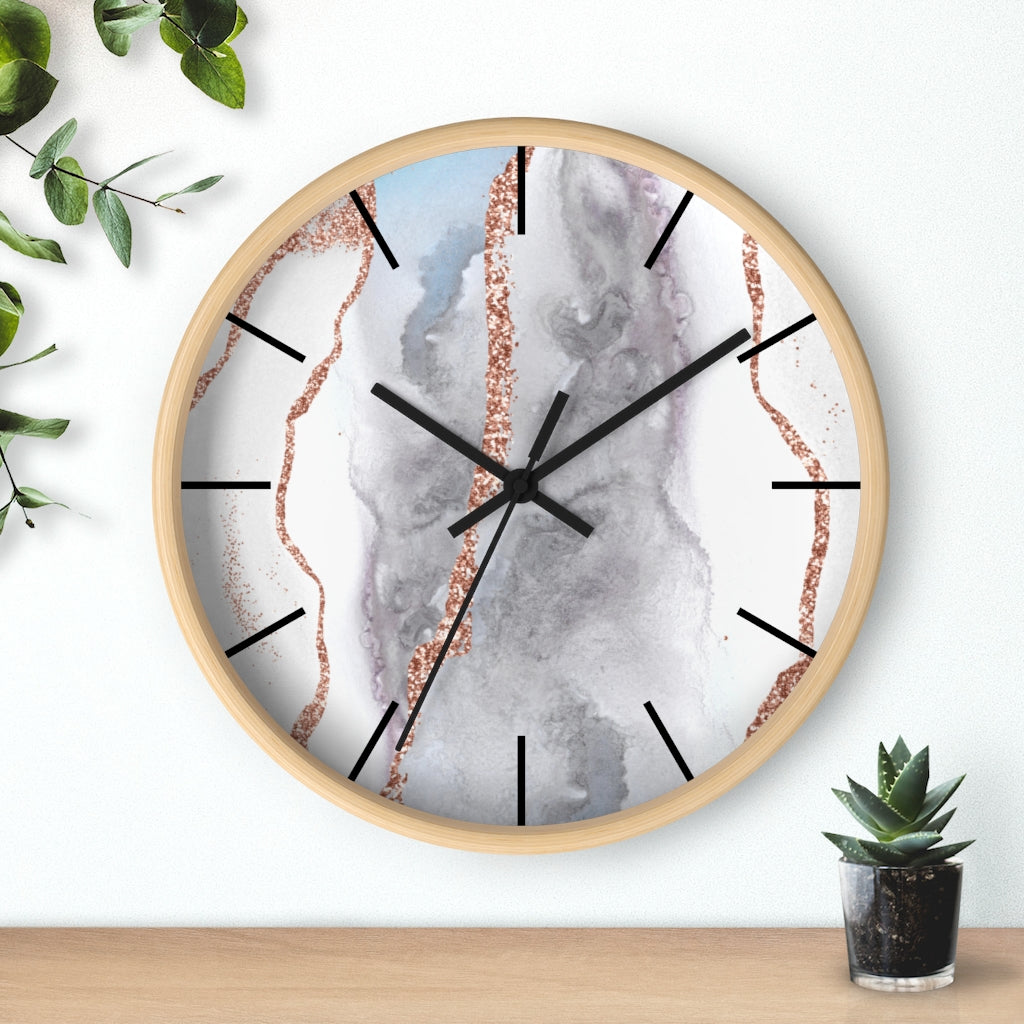 Marble Print, Wood, Wall Clock, Gray Gold 10"