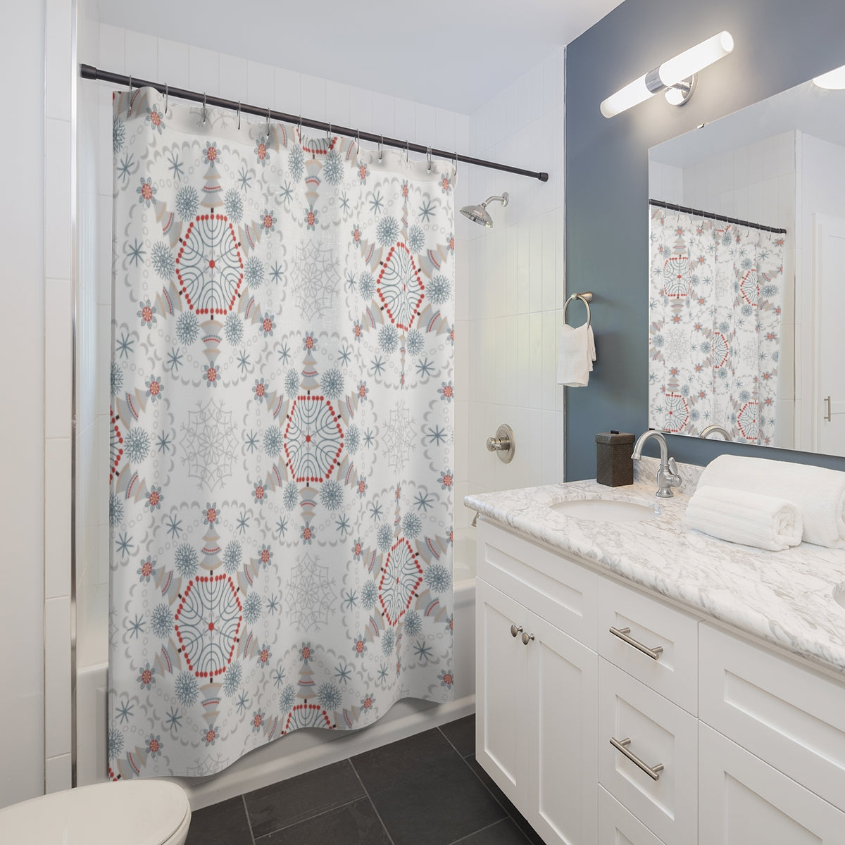 Christmas Shower Curtain | White Red Gray Winter Snowflakes