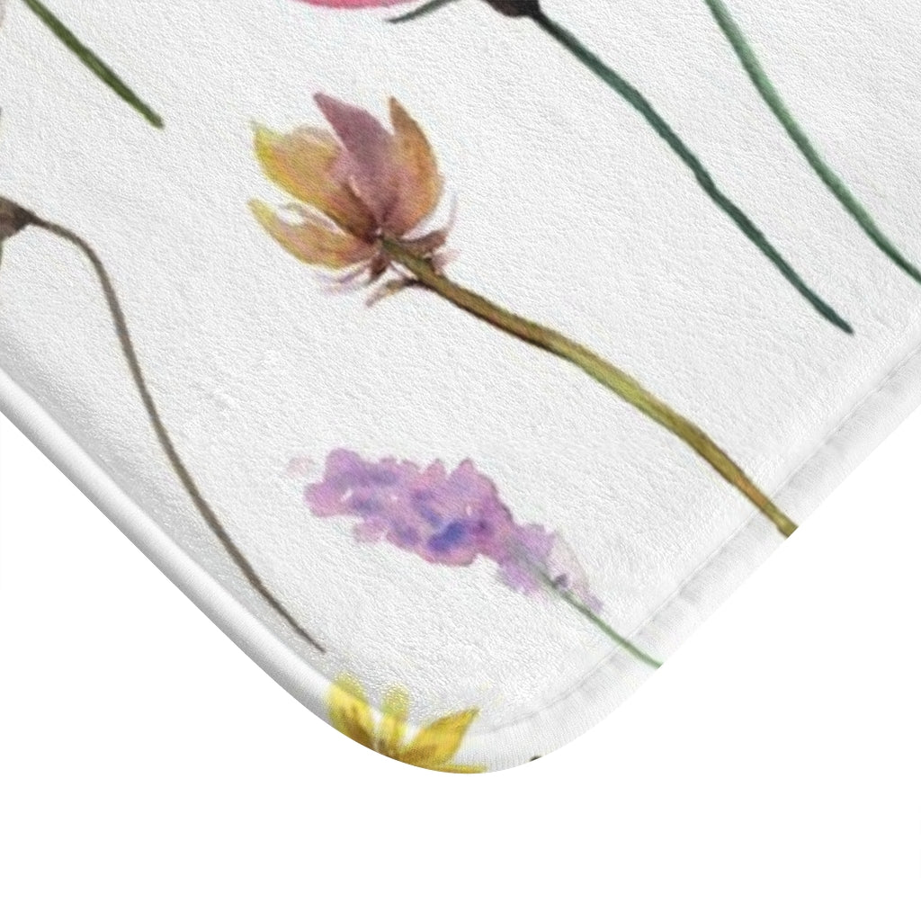 Cute Boho Bath Mat | White Pink Yellow Blue Lavender Green Floral