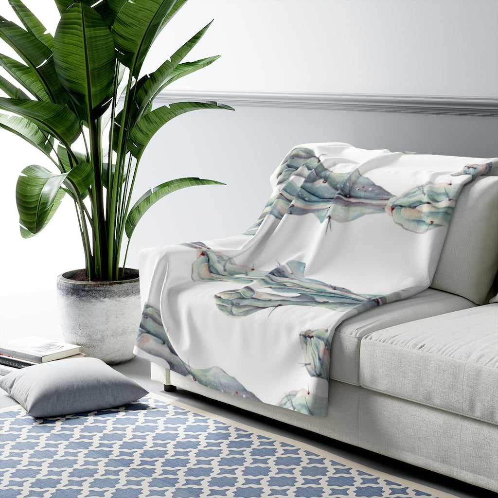 Floral Boho Comfy Blanket | White Green Cactus