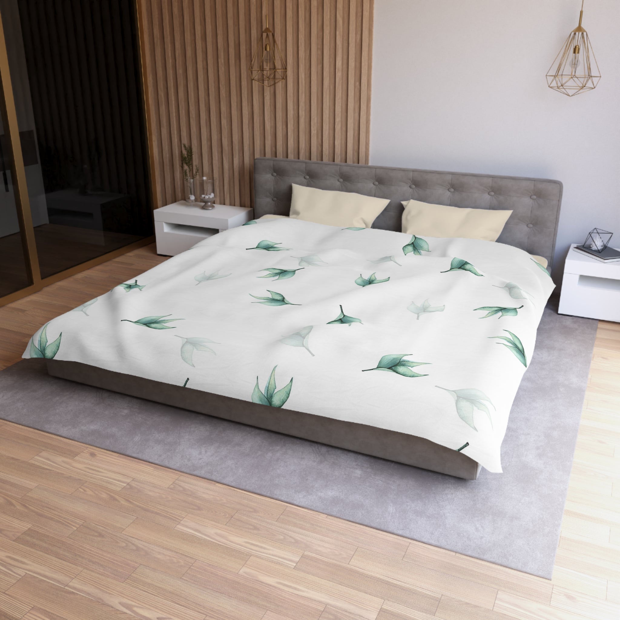 Floral Duvet Cover | White Green Leaves | Bedroom Decor