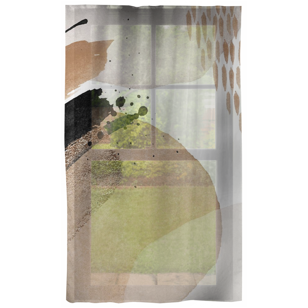 Beige, black and cream abstract window curtains, close-up of the fabric pattern