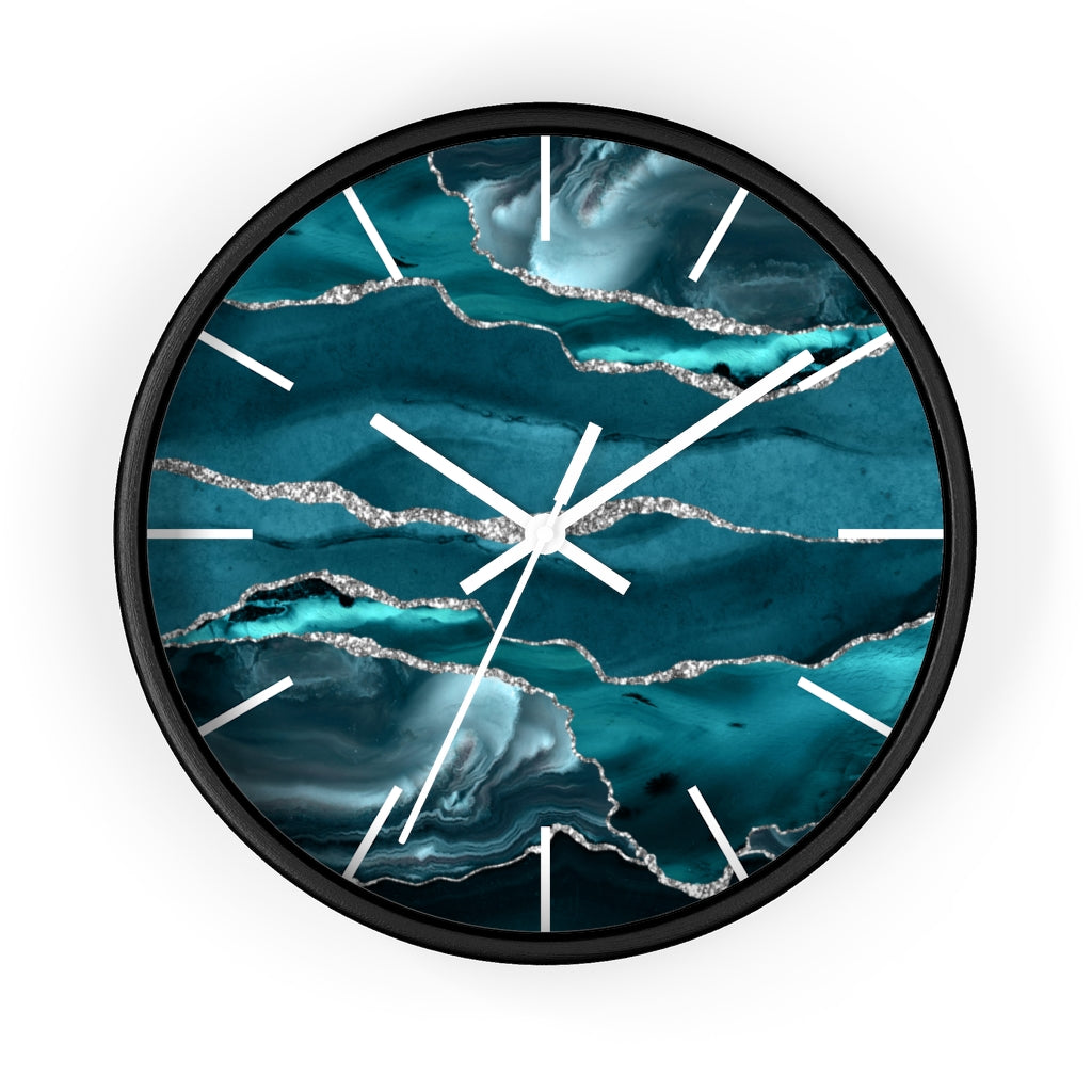 Marble Print, Wood, Wall Clock, Teal Silver 10"