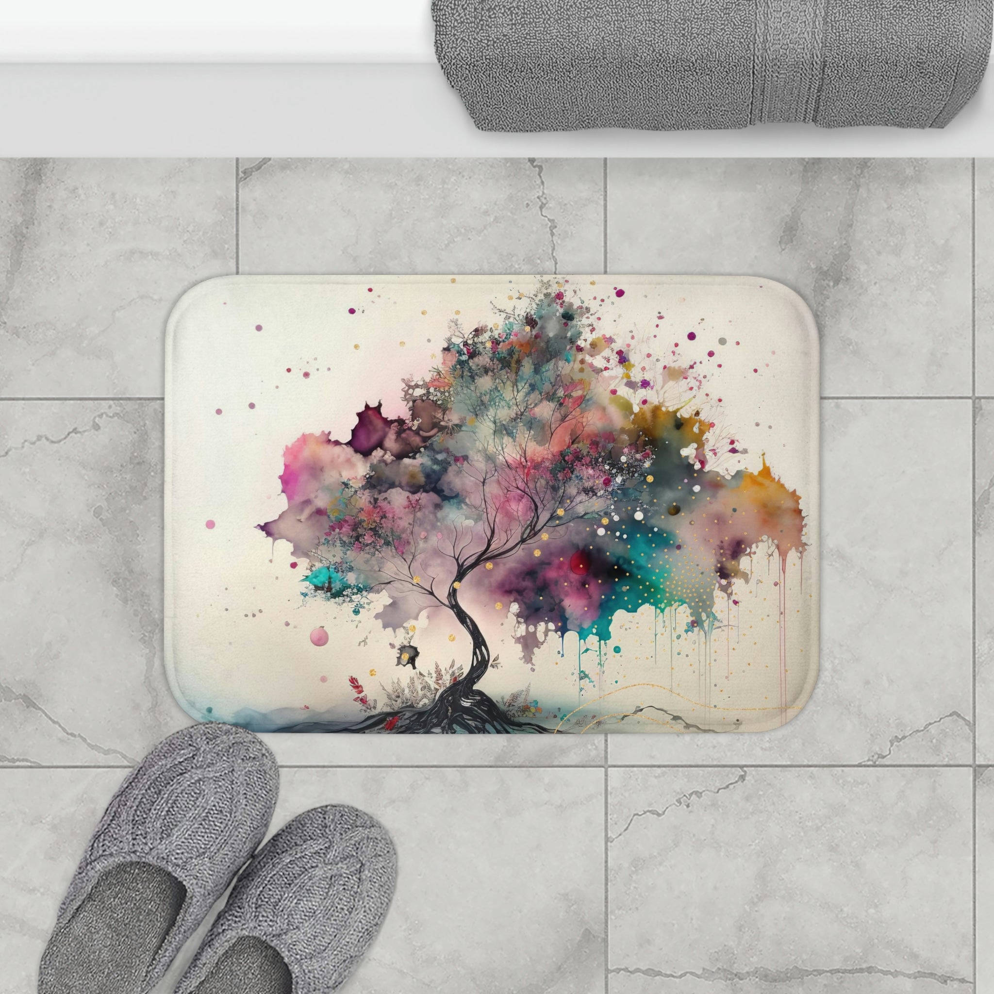 Teal Pink Fantasy Tree | Abstract Bath Mat