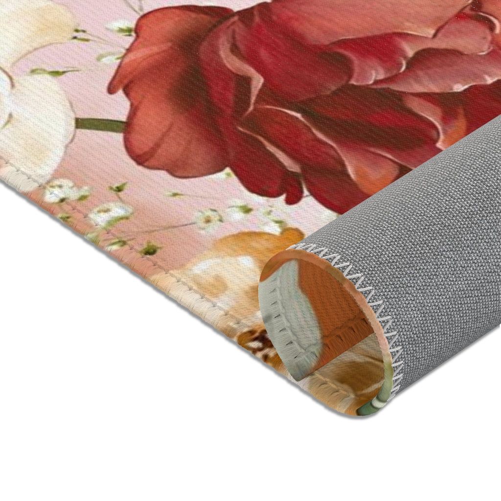 Floral Area Rug | Red Pink Rust Flowers