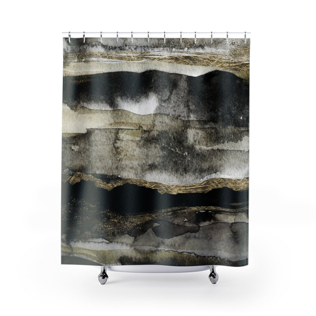 a shower curtain with a black and white painting on it
