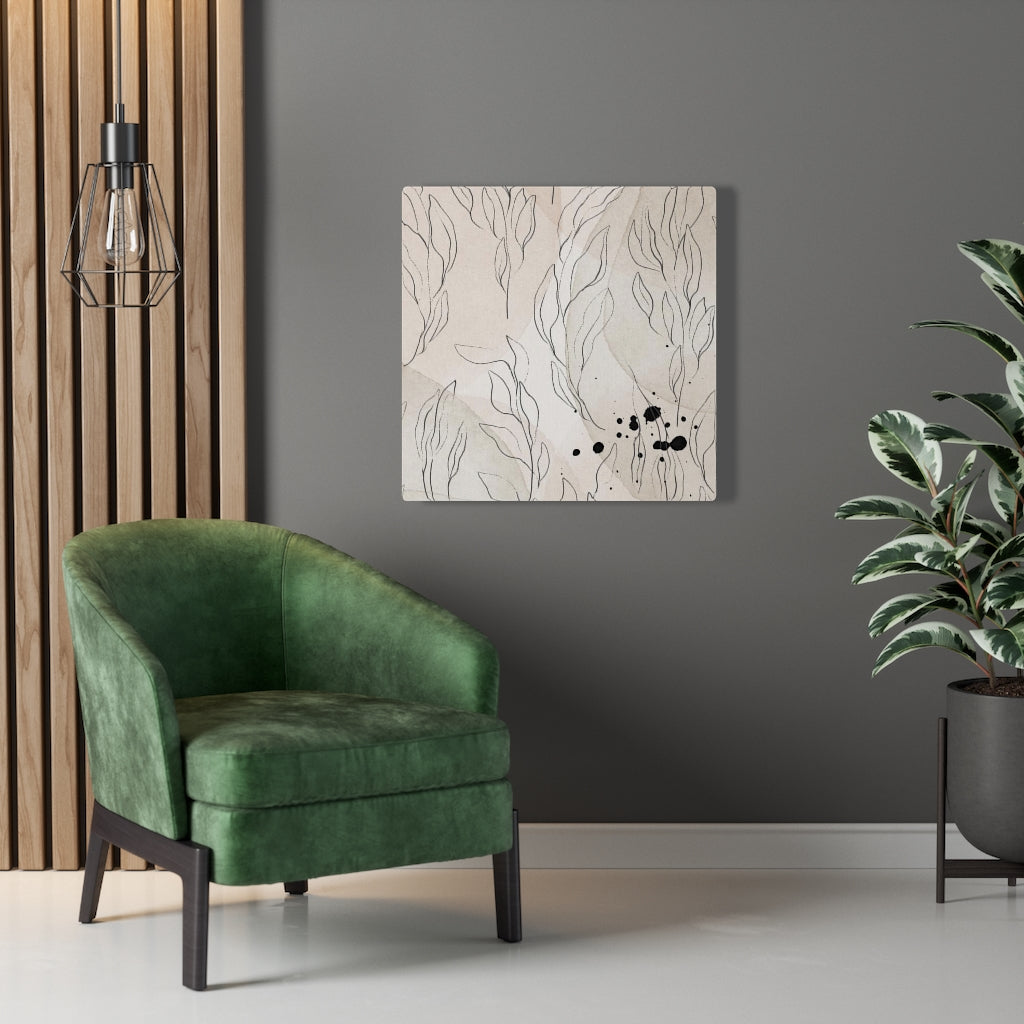 FLORAL WALL CANVAS ART | Beige Black Line Art Leaves