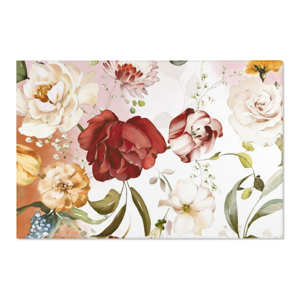 Floral Area Rug | Red Pink Rust Flowers