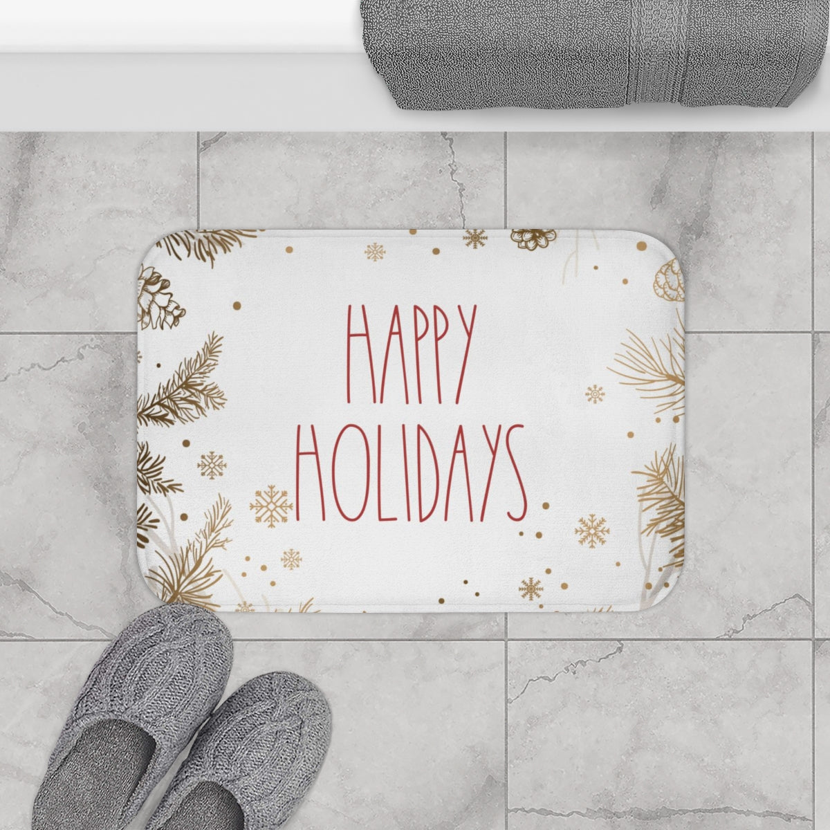 Christmas Bath Mat | White Red Brown Happy Holiday Branches
