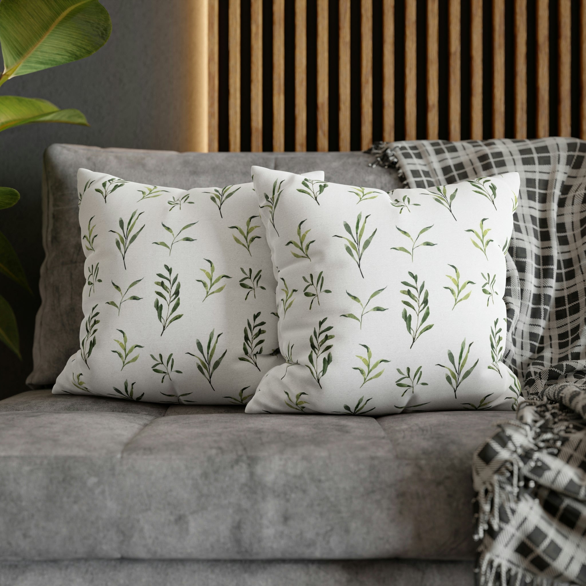 Floral Pillow Cover | Sage Green Leaves, White