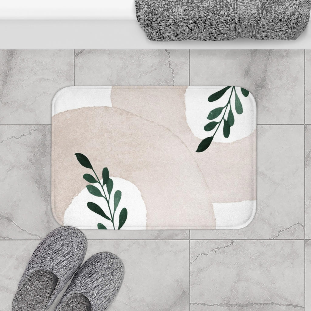 Abstract Boho Bath Mat | Beige Cream Leaves
