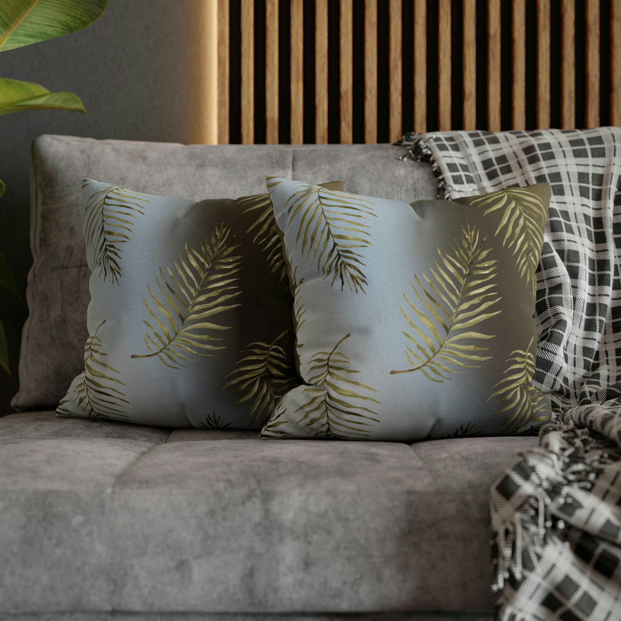 Floral Boho Pillow Cover | Palm Leaves Blue Beige