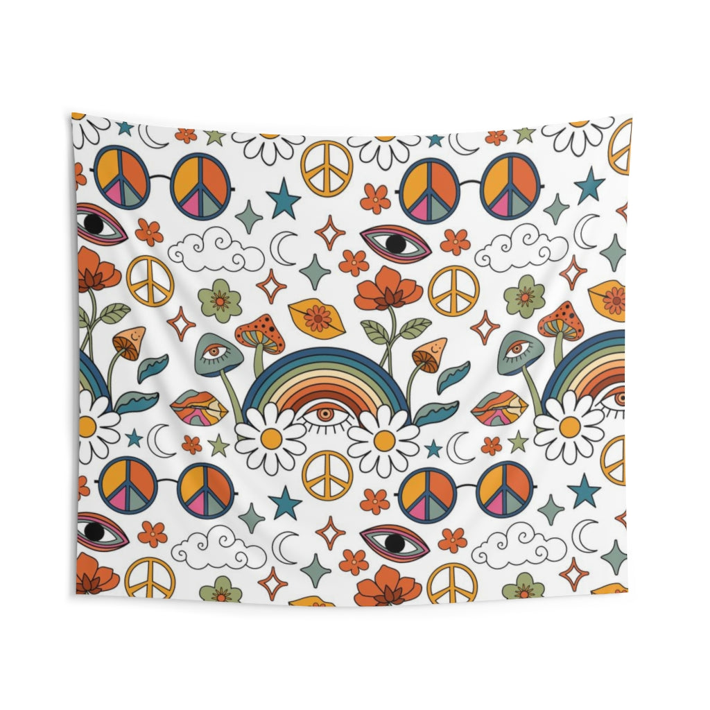Retro Tapestry | Rainbow White Hippie Icons