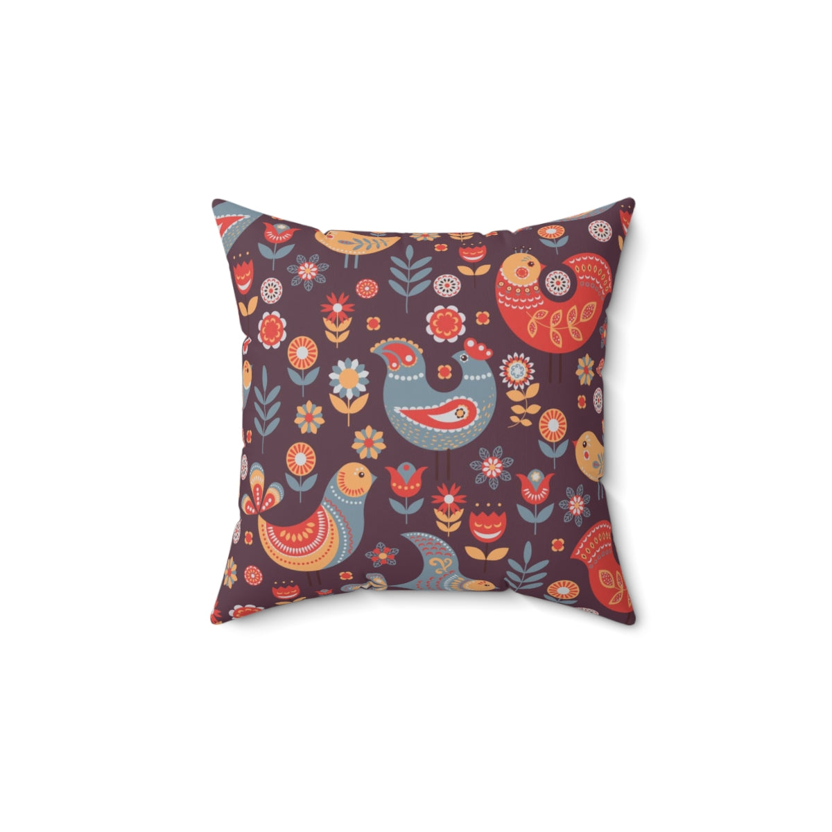 Scandi Nordic Boho Square Pillow Cover | Burgundy Folk Birds