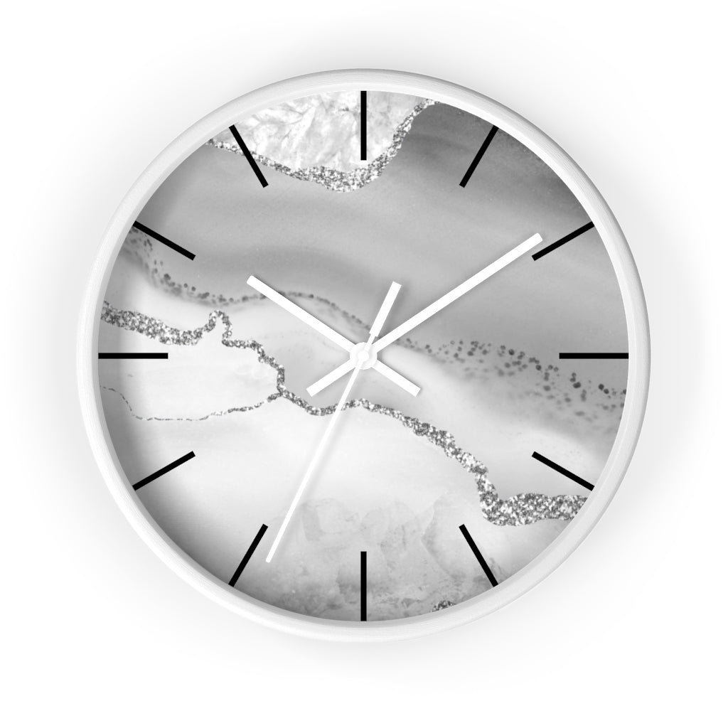 Marble Print, Wood, Wall Clock, Gray Silver 10"
