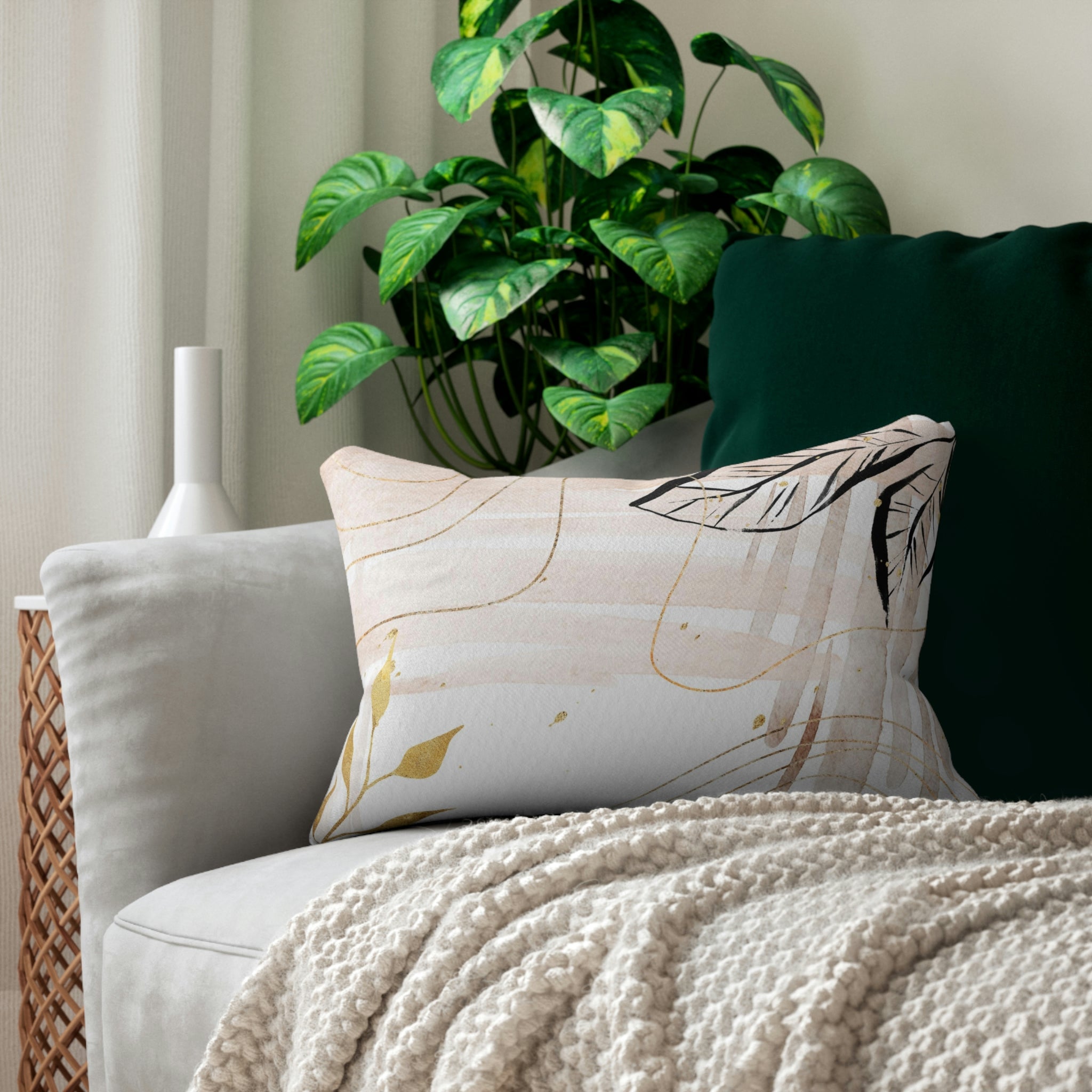 Abstract Boho Lumbar Pillow | White Blush Beige Black Floral