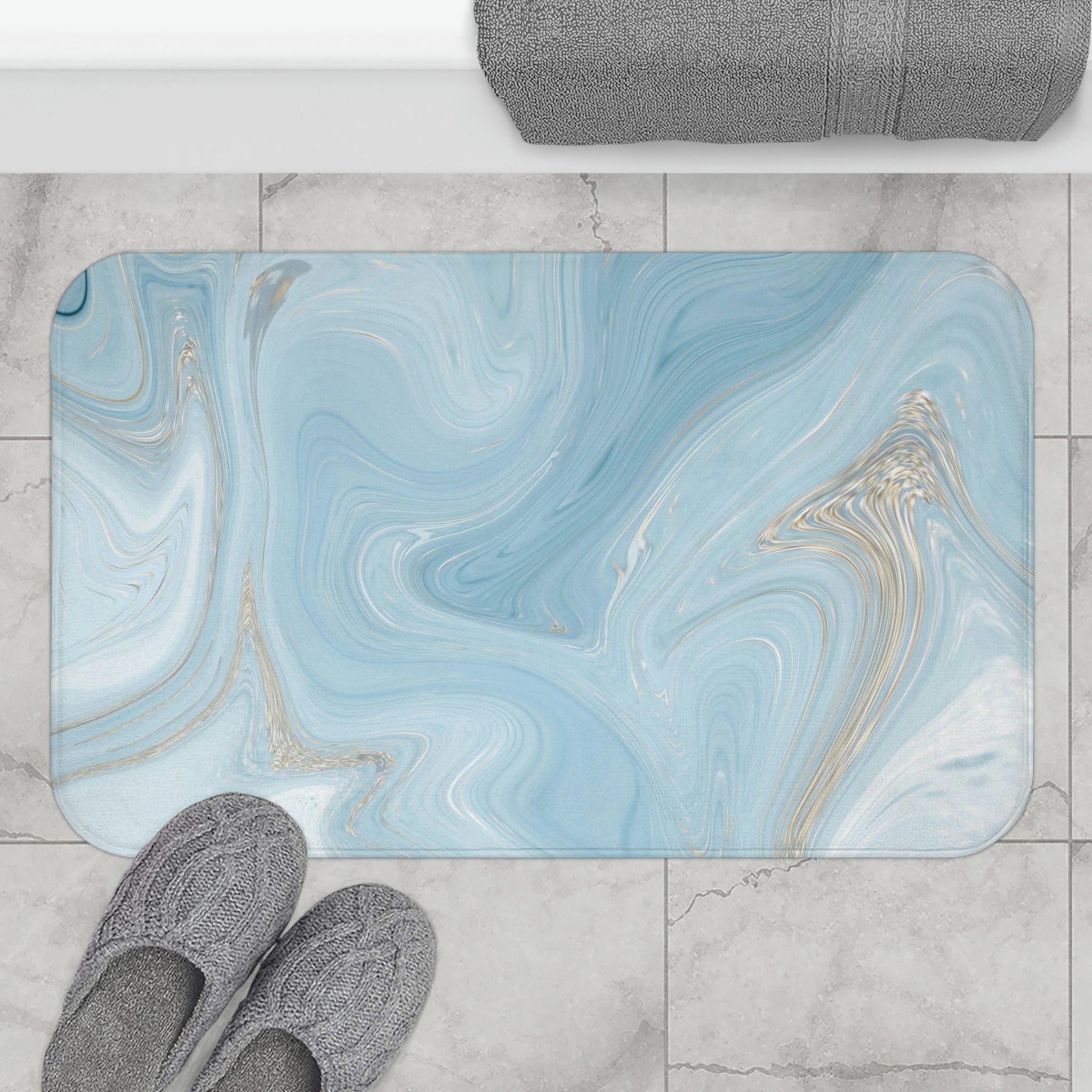 Boho Abstract Bath, Kitchen Mat | Pale Sky Blue Marble Print