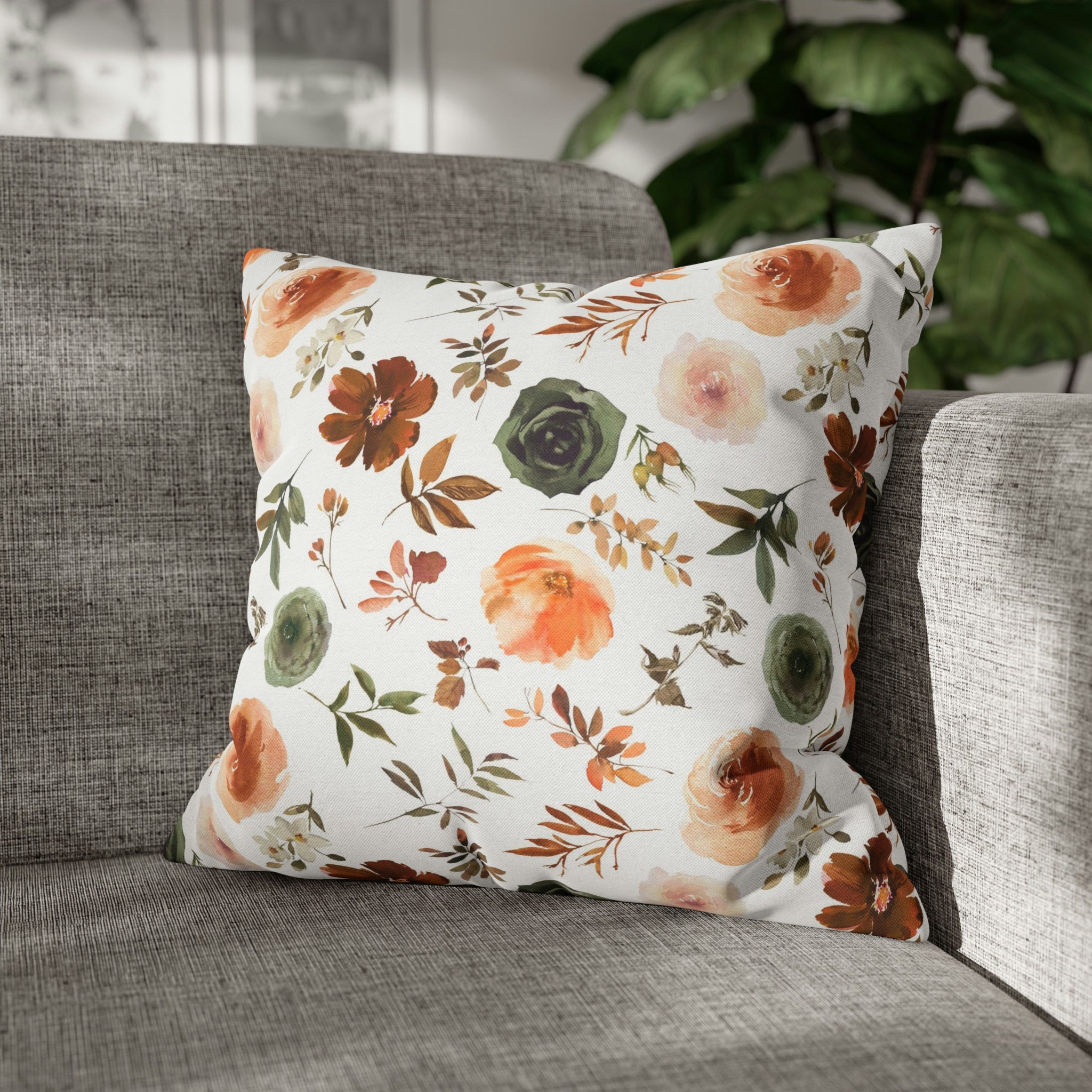 Floral Pillow Cover | Sage Green, Brown Beige, White