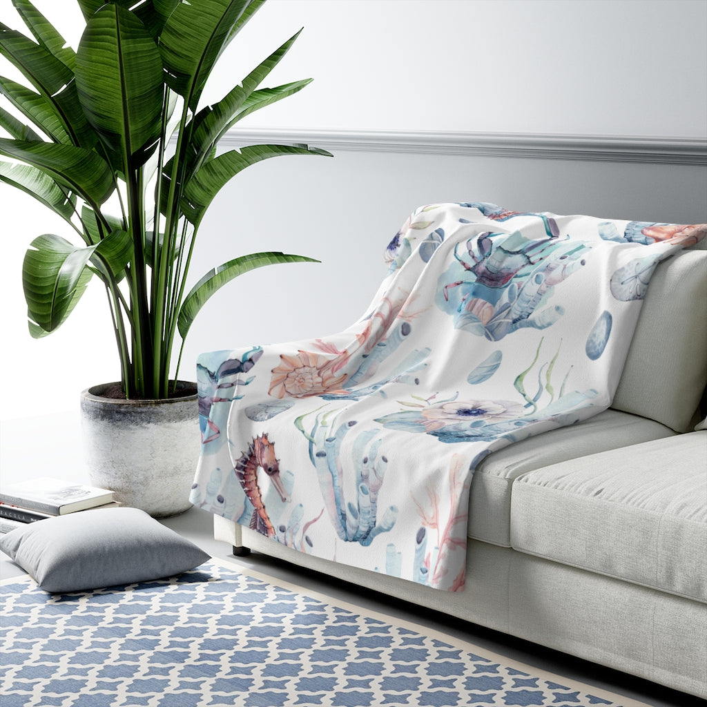 Ocean Scene, Blue Crabs, Sea horse Coral Blanket