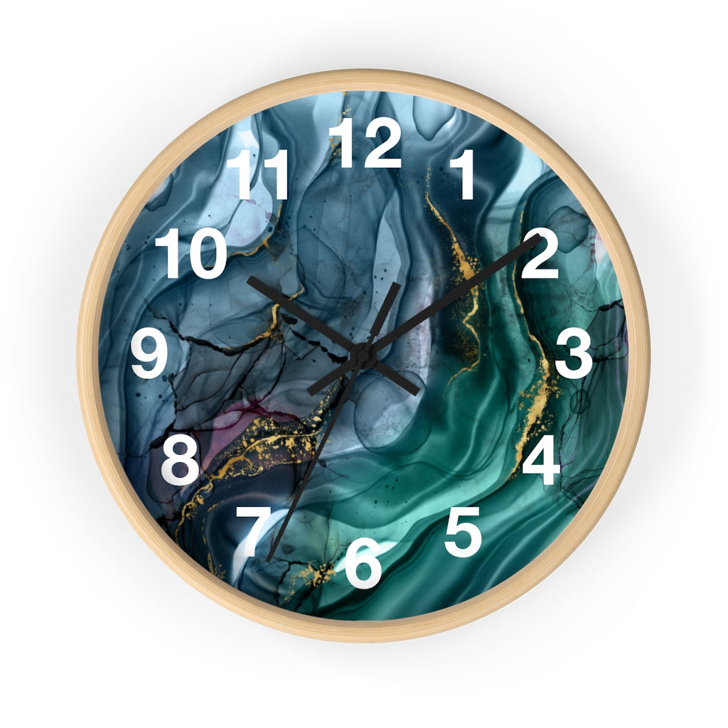 Marble Print, Navy Blue Green, Wood Wall Clock 10"