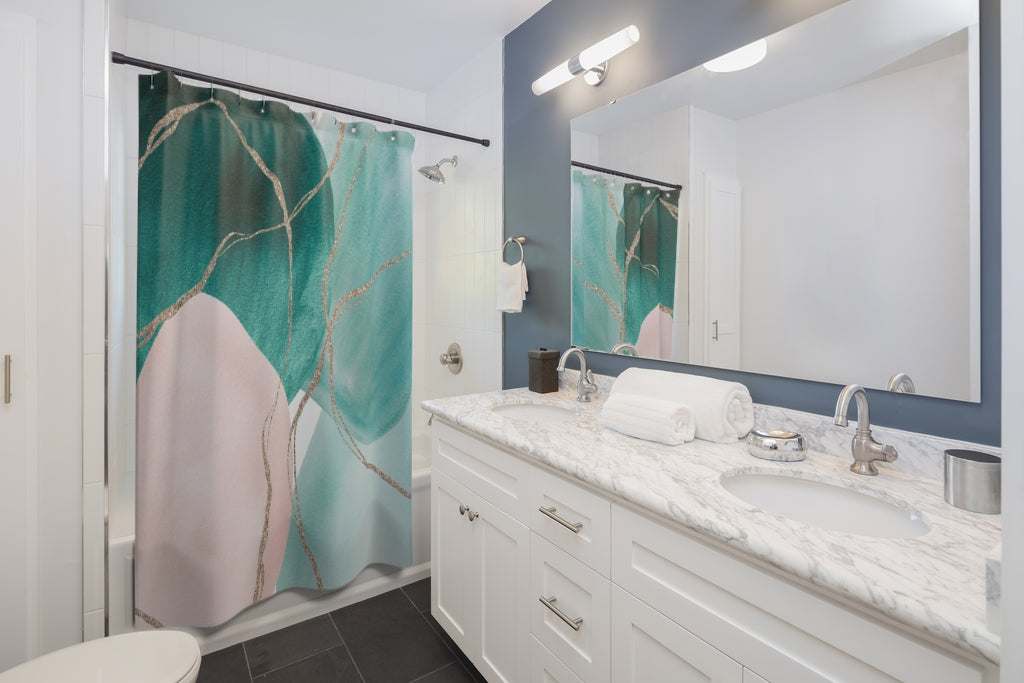 Abstract Shower Curtain | Geometric | Emerald Teal Green | Blush Pink | Gold