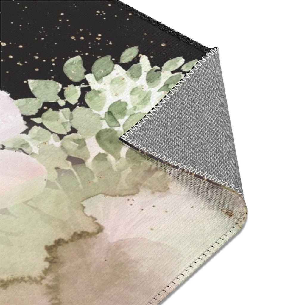 Floral Area Rug | Dark Blush Pink Green Gold