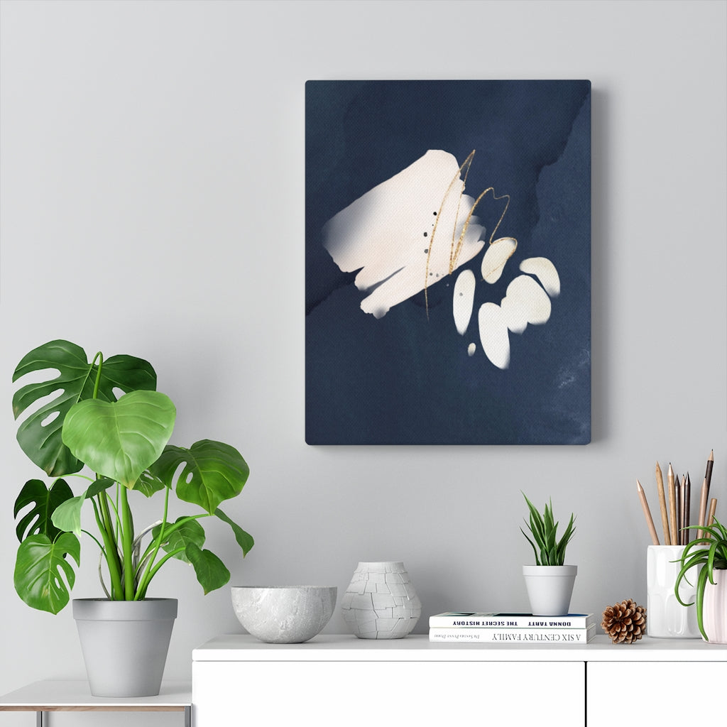 Navy blue, cream and white abstract canvas art, close-up of the brushstroke detail