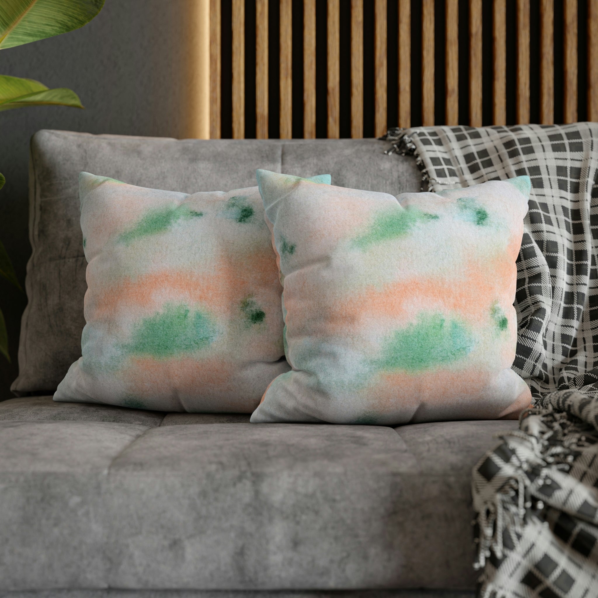 Abstract Boho Pillow Cover | Green Peach Pink Ombre Watercolor