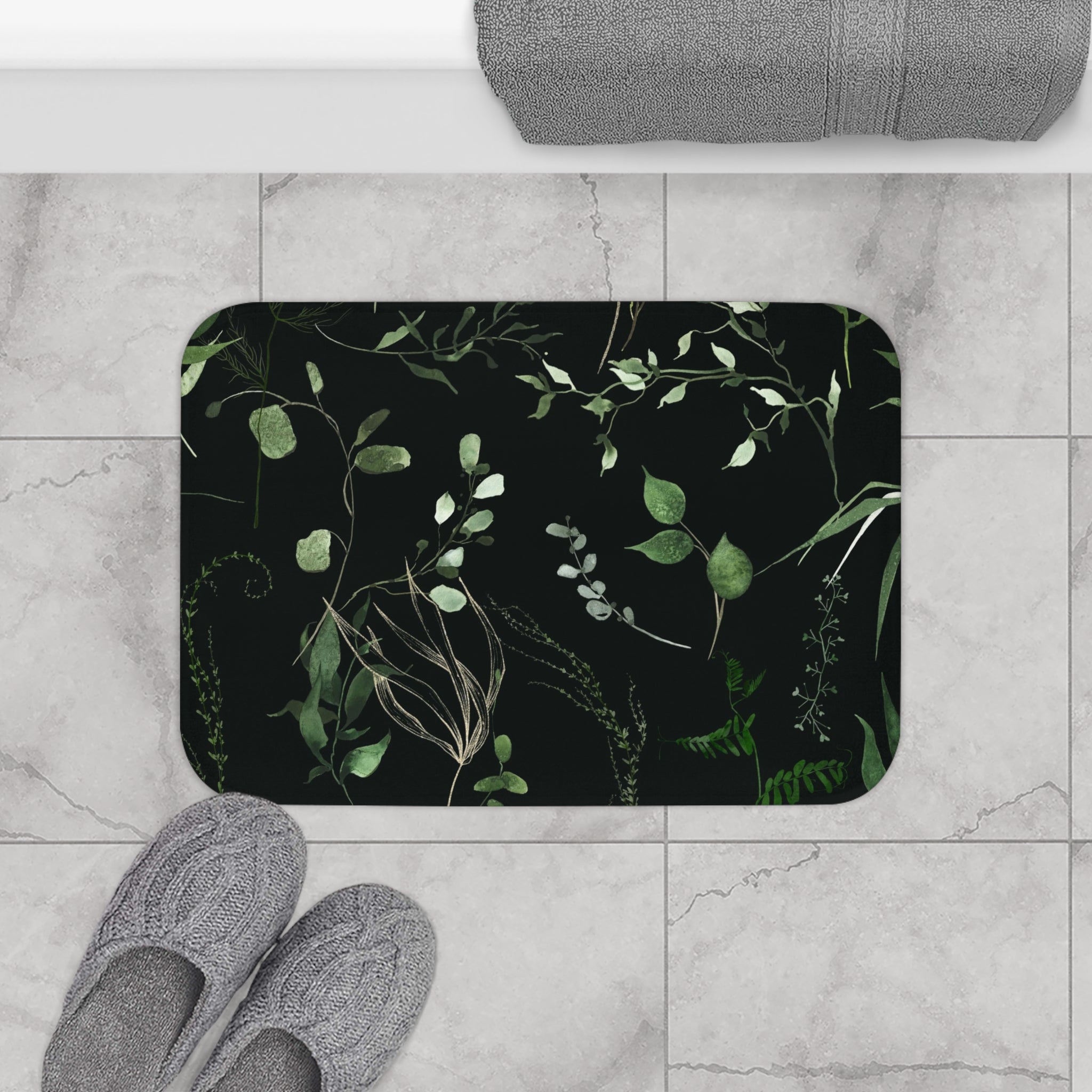Floral Boho Bath, Kitchen Mat, Rug | Jungle Black Sage Green Leaves