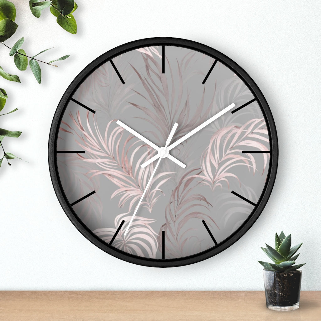 Floral 10" Wood Wall Clock | Gray Pink Leaves