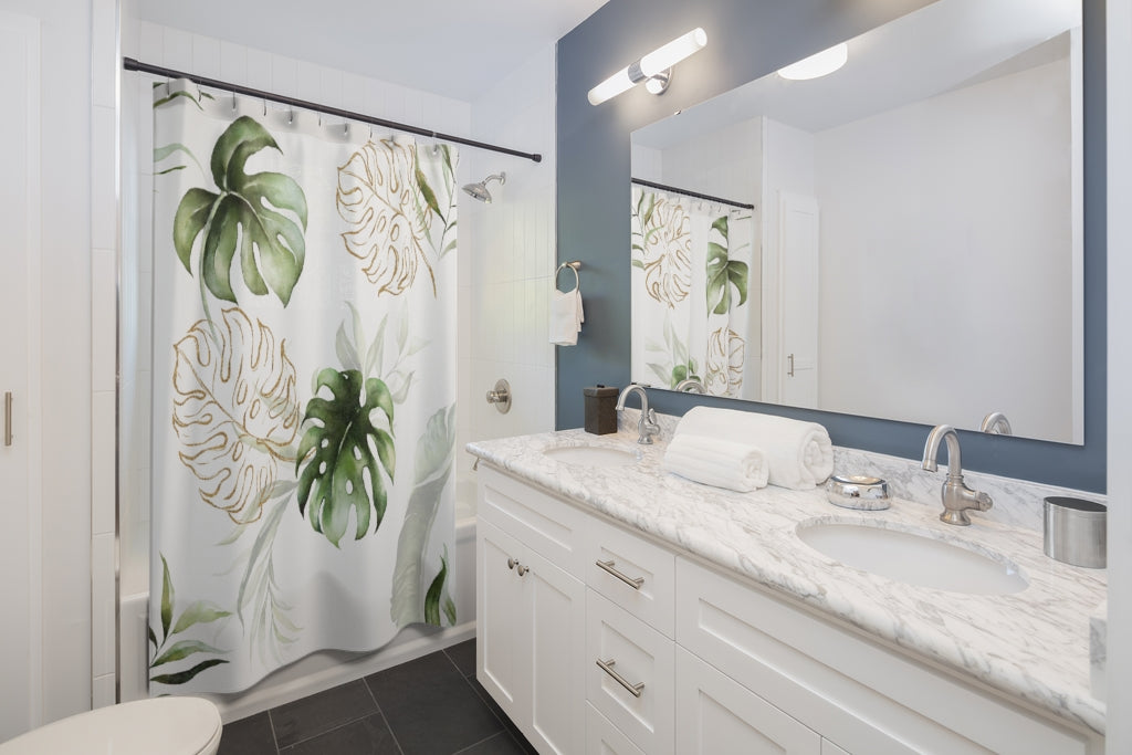 Green White Gold, Monstera Leaves Shower Curtain